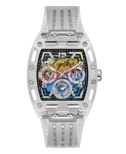 �Q�X �����Y �A�N�Z�T���[ �r���v GUESS Men's Clear Silicone Multi-Function Watch 44mm Clear �}���`�J���[