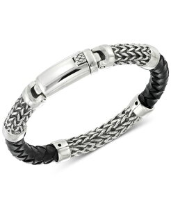 V AC X~X Y ANZT[ uXbgEoOEANbg TVc U[ LEGACY for MEN by Simone I. Smith Black Leather Bracelet in Stainless Steel Stainless Steel ubN
