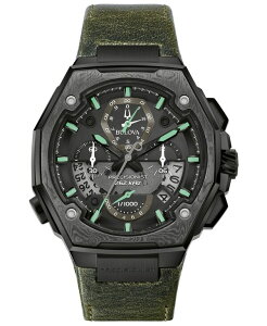 �u���o �����Y �A�N�Z�T���[ �r���v ���U�[ Bulova Men's Precisionist Chronograph Green Leather Strap Watch 44.7x46.8mm A Special Edition Green �O���[��