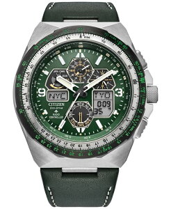 V`Y Y ANZT[ rv U[ Citizen Eco-Drive Men's Chronograph Promaster Skyhawk Green Leather Strap Watch 46mm