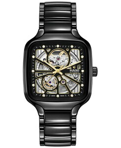 h Y ANZT[ rv Rado Unisex Swiss Automatic True Square Open Heart Diamond (1/10 ct. t.w.) Black Ceramic Bracelet Watch 38mm Skeleton ubN