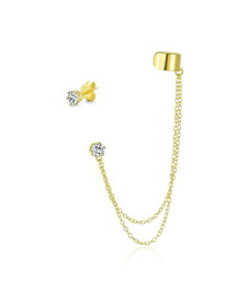 【送料無料】 ブリング メンズ ピアス・イヤリング アクセサリー Geometric Cartilage Plain Band With Chain Ear Warp Cuff CZ Stud Ear Lobe Earring For Women Men Yellow Gold Plated.925 Sterling Silver Gold-tone