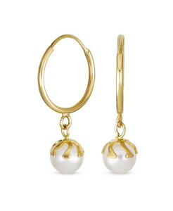 【送料無料】 ブリング レディース ピアス・イヤリング アクセサリー Petite Tiny Real 10K Yellow Gold White 4.5 MM Round Freshwater Cultured Pearl Drop Ball Dangle Hoop Earring Women Teens June Birthstone White