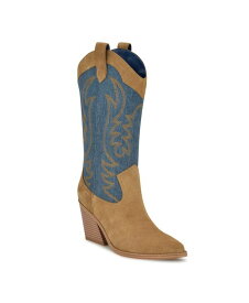 【送料無料】 ナインウェスト レディース ブーツ・レインブーツ シューズ Women's Keeks Pointy Toe Block Heel Western Boots Caramel Suede Blue Denim