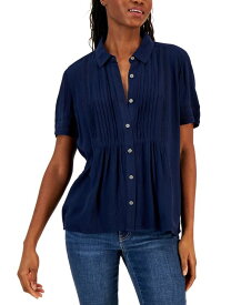 【送料無料】 スタイルアンドコー レディース シャツ トップス Petite Pintuck Short-Sleeve Button-Front Shirt Industrial Blue