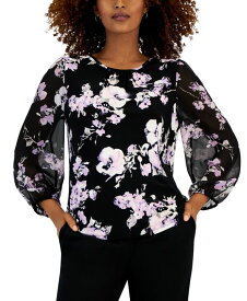 【送料無料】 カスパール レディース シャツ ブラウス トップス Petite Floral-Print Blouson-Sleeve Blouse Black Multi