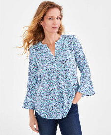 【送料無料】 スタイルアンドコー レディース シャツ トップス Women's Printed Pintuck Ruffle Sleeve Top Regular & Petite Blue Floral