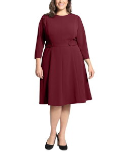 �����h���^�C���X ���f�B�[�X �g�b�v�X �����s�[�X �v���X�T�C�Y London Times Plus Size 3/4-Sleeve Tab-Waist Fit & Flare Dress Aubergine �I�[�o�[�W�[��