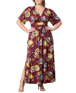 �L���i ���f�B�[�X �g�b�v�X �����s�[�X �}�L�V�����s�[�X �v���X�T�C�Y �}�L�V Kiyonna Plus Size Vienna Kimono Sleeve Long Maxi Dress Bordeaux blooms
