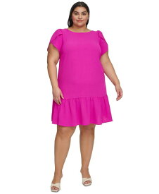 【送料無料】 ダナ キャラン ニューヨーク レディース ワンピース トップス Plus Size Tulip-Sleeve Ruffled-Hem Shift Dress Power Pink