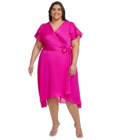 【送料無料】 ダナ キャラン ニューヨーク レディース ワンピース トップス Plus Size Satin Ruffle-Sleeve High-Low Wrap Dress Power Pink