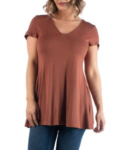 24 �Z�u���R���t�H�[�g ���f�B�[�X �g�b�v�X �V���c V�l�b�N �v���X�T�C�Y 24seven Comfort Apparel Plus Size Short Sleeve V-Neck Tunic Top Brown �u���E��
