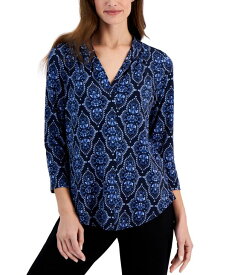 【送料無料】 ジェイエムコレクション レディース シャツ トップス Women's Misty Printed V-Neck Knit Top Intrepid Blue Combo