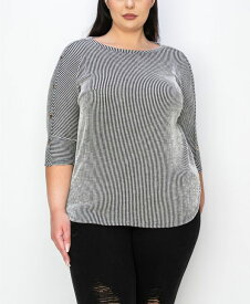 【送料無料】 コイン1804 レディース シャツ トップス Plus Size Span Rail Textured Rib Boat Neck 3/4 Sleeve Top Black Ivory