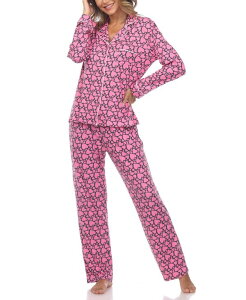 �z���C�g�}�[�N ���f�B�[�X �A���_�[�E�F�A �i�C�g�E�F�A �v�����g White Mark Women's 2 Piece Long Sleeve Heart Print Pajama Set Pink Hearts �s���N
