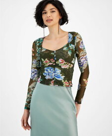 【送料無料】 ゲス レディース シャツ トップス Women's Reyla Smocked Mesh Floral-Print Top Hanoi Green Floral Print