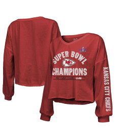 【送料無料】 マジェスティック レディース Tシャツ トップス Women's Red Distressed Kansas City Chiefs Super Bowl LVIII Champions Always Champs Off-Shoulder Long Sleeve V-Neck T-shirt Red