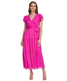 【送料無料】 ダナ キャラン ニューヨーク レディース ワンピース トップス Women's Faux-Wrap Cap-Sleeve Tiered Midi Dress Power Pink