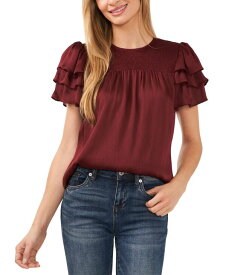 【送料無料】 セセ レディース シャツ トップス Women's Solid Ruffled Sleeve Smocked Yoke Blouse Deep Red