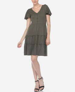 �z���C�g�}�[�N ���f�B�[�X �g�b�v�X �����s�[�X V�l�b�N �e�B�A�[�h White Mark Women's Short Sleeve V-Neck Tiered Dress Olive �I���[�u