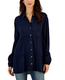 【送料無料】 スタイルアンドコー レディース シャツ トップス Women's Textured-Stripe Button Shirt Industrial Blue