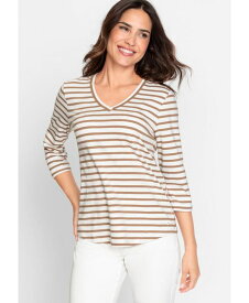 【送料無料】 オルセン レディース シャツ トップス Cotton Blend 3/4 Sleeve Striped Tee Nougat