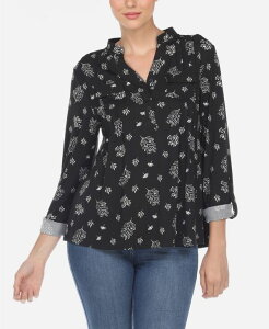 �z���C�g�}�[�N ���f�B�[�X �g�b�v�X �V���c �v���[�c �v�����g �u���E�X White Mark Women's Pleated Leaf Print Blouse Black �u���b�N