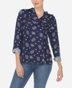 �z���C�g�}�[�N ���f�B�[�X �g�b�v�X �V���c �v���[�c �v�����g �u���E�X White Mark Women's Pleated Leaf Print Blouse Navy �l�C�r�[