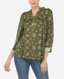 �z���C�g�}�[�N ���f�B�[�X �g�b�v�X �V���c �v���[�c �v�����g �u���E�X White Mark Women's Pleated Leaf Print Blouse Olive �I���[�u