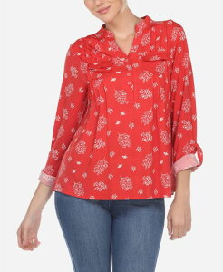 �z���C�g�}�[�N ���f�B�[�X �g�b�v�X �V���c �v���[�c �v�����g �u���E�X White Mark Women's Pleated Leaf Print Blouse Red ���b�h