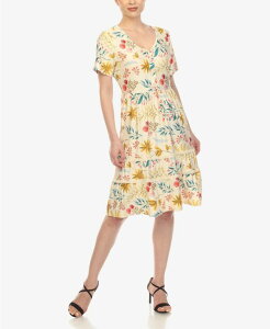�z���C�g�}�[�N ���f�B�[�X �g�b�v�X �����s�[�X �Ђ��� �t�����[�� �t�����[ White Mark Women's Floral Short Sleeve Knee Length Dress Beige �x�[�W��
