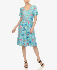 �z���C�g�}�[�N ���f�B�[�X �g�b�v�X �����s�[�X �Ђ��� �t�����[�� �t�����[ White Mark Women's Floral Short Sleeve Knee Length Dress Blue �u���[