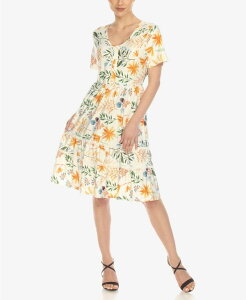 �z���C�g�}�[�N ���f�B�[�X �g�b�v�X �����s�[�X �Ђ��� �t�����[�� �t�����[ White Mark Women's Floral Short Sleeve Knee Length Dress White �z���C�g