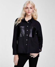 【送料無料】 ダナキャランニューヨーク レディース シャツ トップス Women's Faux-Leather-Pocket High-Low Shirt Black