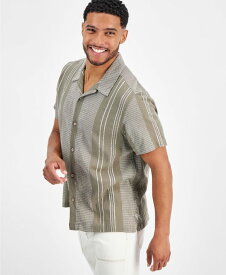 【送料無料】 ゲス メンズ シャツ トップス Men's Rhodes Textured Stripe Dobby Button Down Camp Shirt Slate Taupe Multi