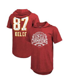 【送料無料】 マジェスティック メンズ Tシャツ トップス Men's Threads Travis Kelce Red Distressed Kansas City Chiefs Super Bowl LVIII Player Name and Number Tri-Blend Hoodie T-Shirt Red