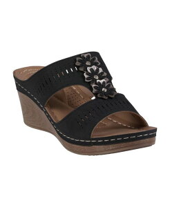 yz W[V[V[Y fB[X T_ V[Y Women's Lisette Perforated T-Strap Flower Slip-On Wedge Sandals Black