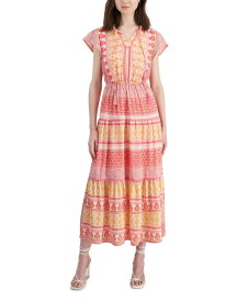 【送料無料】 ティンセル レディース ワンピース トップス Petite Floral-Print Flutter-Sleeve Tie-Neck Tiered Maxi Dress Multi Border Pink Orange