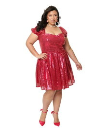 【送料無料】 ユニークビンテージ レディース ワンピース トップス Plus Size Woven Convertible Puff Sleeve Sweetheart Fit & Flare Dress Hot pink/sequin heart
