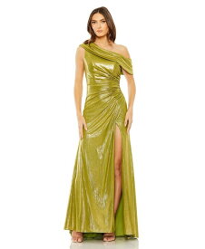 【送料無料】 マックダガル レディース ワンピース トップス Women's Ieena One Shoulder Ruched Waist Slit Metallic Gown Apple green