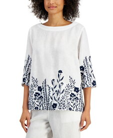 【送料無料】 チャータークラブ レディース シャツ トップス Women's 100% Linen Embroidered 3/4-Sleeve Top Bright White Combo