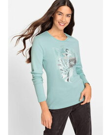 【送料無料】 オルセン レディース シャツ トップス 100% Cotton Long Sleeve Embellished Placement Print T-Shirt Ice aqua