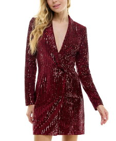 【送料無料】 シティー スタジオ レディース ワンピース トップス Juniors' Long-Sleeved Sequinned Velvet Blazer Dress Wine