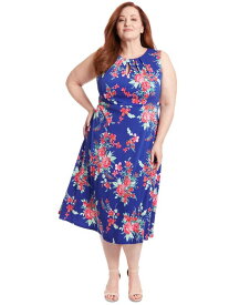 【送料無料】 ロンドンタイムス レディース ワンピース トップス Plus Size Floral-Print Keyhole Sleeveless A-Line Dress Navy Pink