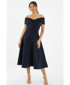 【送料無料】 クイズ レディース ワンピース トップス Women's Twist Front Bardot Skater Dress Navy