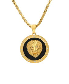 【送料無料】 スティールタイム メンズ ネックレス・チョーカー・ペンダントトップ アクセサリー Men's 18k Gold Plated Stainless Steel Black Enamel and Simulated Diamonds Lion Head Round Pendant Gold Plated