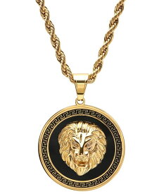 【送料無料】 スティールタイム メンズ ネックレス・チョーカー・ペンダントトップ アクセサリー Men's Two-Tone Stainless Steel Simulated Diamond Lion Head On Greek Key Mount 24" Pendant Necklace Black Gold