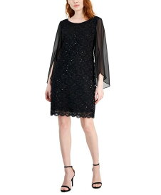【送料無料】 コネクテッド レディース ワンピース トップス Petite Round-Neck Long-Cape-Sleeve Lace Dress Black