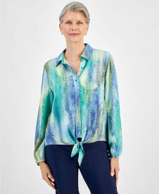 【送料無料】 ジェイエムコレクション レディース シャツ トップス Women's Printed Long Sleeve Button-Front Tie-Hem Top Amalfi Blue Combo