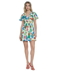 【送料無料】 ドナモーガン レディース ワンピース トップス Women's Cotton Tropical-Print Mini Dress Ivory/Pool Blue